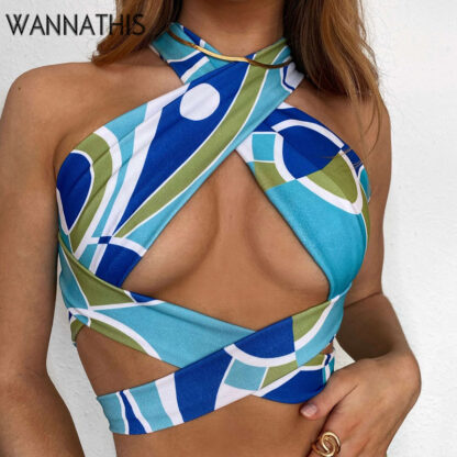 Купить Print Backless Halter Tops Women Sleeveless Chic Criss Bandage Hollow Out Summer Sexy Cropped Tops Women Clubwear 2022