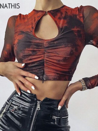 Купить Mesh Tops Women Long Sleeve Hollow Out Red Tie dye Sexy Zipper Split Hem Slim Elastics Female Cropped Shirts Fashion