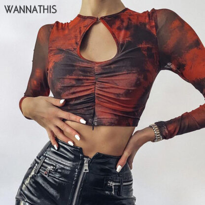 Купить Mesh Tops Women Long Sleeve Hollow Out Red Tie dye Sexy Zipper Split Hem Slim Elastics Female Cropped Shirts Fashion