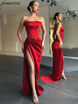 Купить Women Midi Dress High Split Ruched Satin Corset Tube Elegant Sexy Vintage Fashion Asymmetric Partywear Long Dress 2022