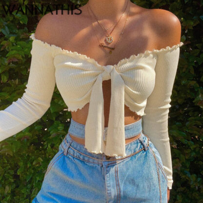 Купить Floral Edge Tee Cropped Shirts Women Long Sleeve Off Shoulder Sexy Twist Slim Crop Tops Woman Summer Clothes 2022 Tops