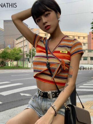 Купить Multicolor Stripe Crop Top Women Short Sleeve V-Neck Irregular Criss Cross Bandage Fashion Summer Casual Cropped Shirt
