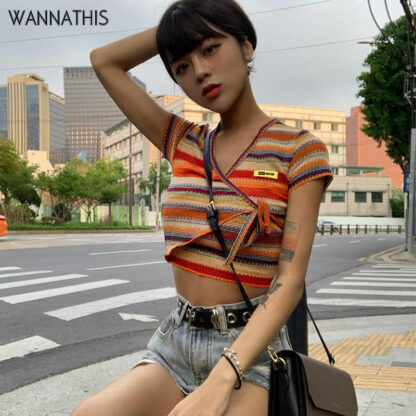 Купить Multicolor Stripe Crop Top Women Short Sleeve V-Neck Irregular Criss Cross Bandage Fashion Summer Casual Cropped Shirt