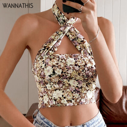 Купить Y2K Floral Print Backless Tops For Women Hollow Out Bandage Halter Sleeveless Summer Chic Sexy Casual Cropped Top 2022