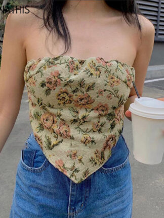Купить Floral Embroidery Summer Backless Tube Tops For Women Irregular Sleeveless Sexy Casual Commute Ruffle Cropped Top 2022