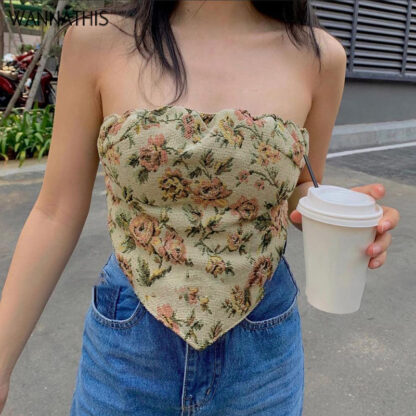 Купить Floral Embroidery Summer Backless Tube Tops For Women Irregular Sleeveless Sexy Casual Commute Ruffle Cropped Top 2022