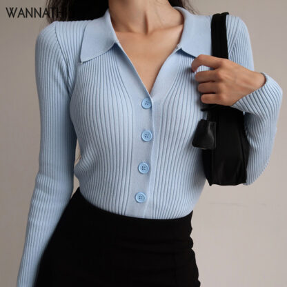 Купить Knitted Cropped Blouse Women Long Sleeve Button Solid Turn Down Collar Slim Sexy Tee Fashion Woman Clothing 2022 Shirt