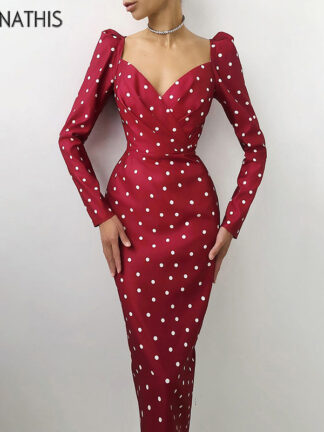 Купить Elegant Party Women Dress Mid V Neck Long Sleeve Pencil Dress Hight Waist Casual Office Lady Dots Print Puff Sleeve