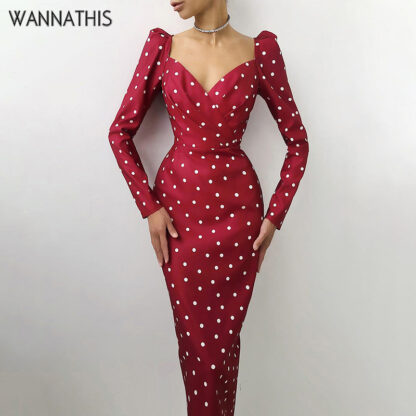 Купить Elegant Party Women Dress Mid V Neck Long Sleeve Pencil Dress Hight Waist Casual Office Lady Dots Print Puff Sleeve