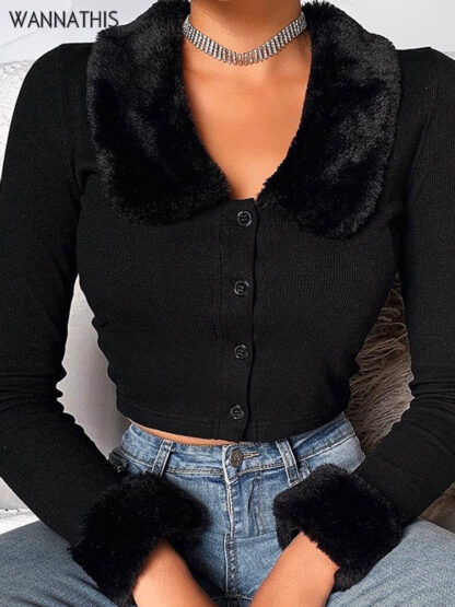 Купить Black Long Sleeve Women Fluffy Turn-down Collar Button Autumn Women Shirt Warm Cropped Top Slim Elastic Casual Tops