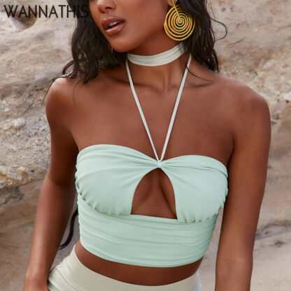 Купить Halter Backless Hollow Out Tube Tops Women Lace Up Sleeveless Ruched Green Summer Sexy Cropped Top Women Clubwear 2022