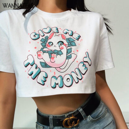 Купить Front Cartoon Print Short Sleeve Cropped T-Shirts Loose Fashion Summer Streetwear Top Women White Funny Cat Print New