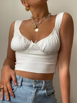 Купить White Ruched Cropped Tops Women Summer Bow Sleeveless Bodycon Tank Top Sexy Vintage Camis Casual Tee Tops Streetwear