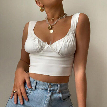 Купить White Ruched Cropped Tops Women Summer Bow Sleeveless Bodycon Tank Top Sexy Vintage Camis Casual Tee Tops Streetwear