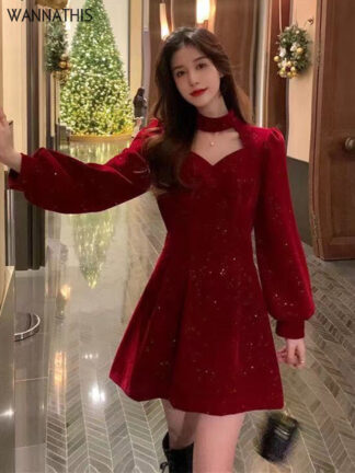 Купить Velvet Women Party Dress Bright Hollow Out Folds Shrug Elegant Fashion Sexy Chic Christmas Mini Dress For New Year2022
