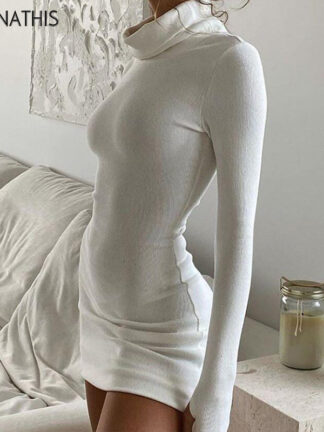 Купить Long Sleeve Hight Neck Sexy Mini Bodycon Dresses Women Autumn Winter Cotton White Skinny Elastics Elegant Dress Solid