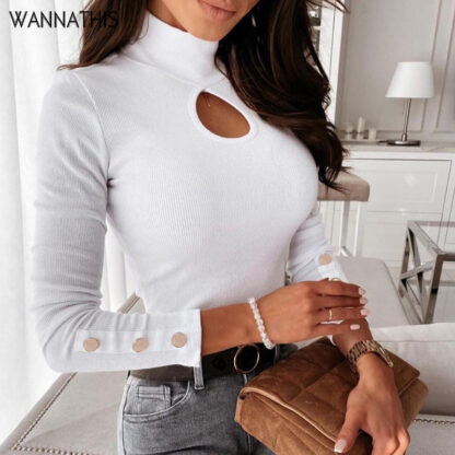 Купить T-Shirts Women Long Sleeve Casual Cotton Hollow out Sleeve Side Button Solid White Skinny Elastics Women T -Shirts New