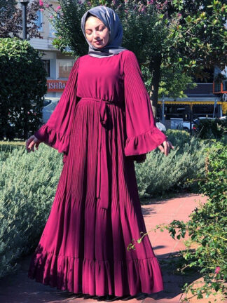 Купить Muslim Hijab Dress Big Swing Flare Sleeve Empire Lace-up Pleated Abaya Dresses Women Wrinkle Long Robes Dubai Islamic Clothing