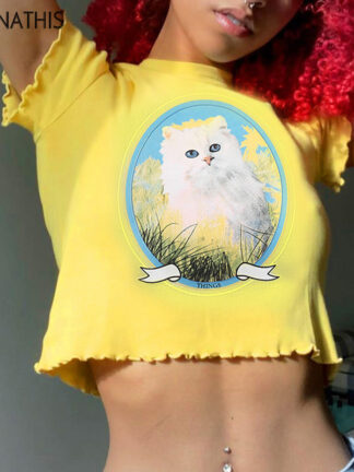 Купить Cartoon Cat Front Print Short Sleeve Ruffles Hem Casual Summer Short T-Shirts Skinny Crop Tops Ladies Cropped Tee 2022