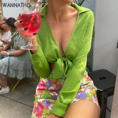 Купить Shirts Cropped Shirts Women V-Neck Laceup Sexy Solid Color Top Silm Crop Tops Woman Summer Clothe 2022 Beachwear Short