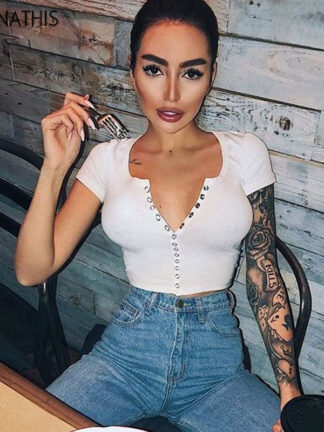 Купить Knitted V-Neck Sexy Crop Tops Buttons 2022 Women White Solid Casual Fashion T Shirt Female Tee