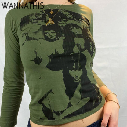 Купить Cotton Punk Tee Casual Shirts Women Long Sleeve Portrait Print Top O-Neck Sexy Hip Hop Tops Woman Human Head 2022 Tops