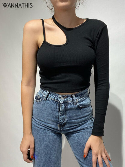 Купить Hollowed Out Cropped Top One Shoulder Casual Sexy Long Sleeve Autumn 2022 Streetwear Daily Wear Asymmetrical New Tops