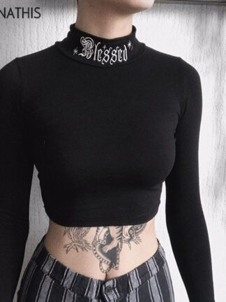 Купить Long Sleeve Lettr Print Turtleneck T-Shirt Women Crop Top Slim Punk Style Autumu Black Knitted Elastic Ladies Tops