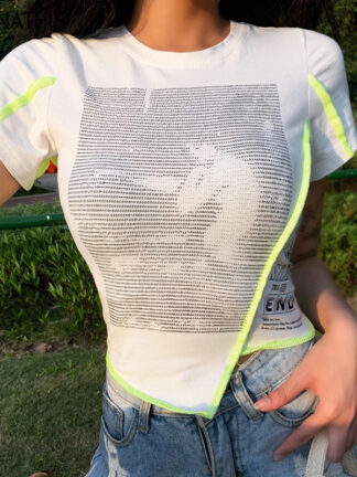 Купить Splice O-Neck Short Sleeve T shirt Aysmmetric Hem Pattern Printed Slim Crop Top Summer Casual Streetwear Tshirt Women