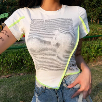 Купить Splice O-Neck Short Sleeve T shirt Aysmmetric Hem Pattern Printed Slim Crop Top Summer Casual Streetwear Tshirt Women