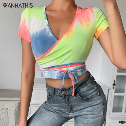 Купить Tie dye Print V-Neck Short Sleeve Cropped T-Shirts Women Waist Lace up Crop Top Casual Sexy Summer Lady Tops 2022 New