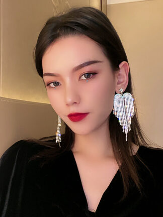 Купить 925 Silver Needle European and American Fashion Exaggerating Heart-Shapaed Full Rhinestone Tassel Earrings Internet Influencer Long Earrings