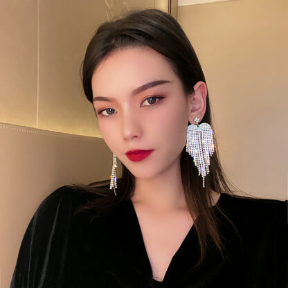 Купить 925 Silver Needle European and American Fashion Exaggerating Heart-Shapaed Full Rhinestone Tassel Earrings Internet Influencer Long Earrings