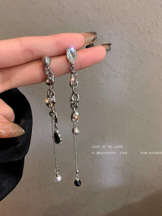 Купить 925 Silver Needle Korean Pearl Diamond Crystal Earrings Niche Temperament Tassel Frosty Style Stud eardrop Fresh