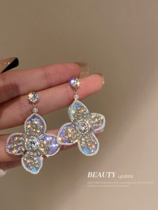Купить 925 Silver Stud Rhinestone-Encrusted Crystal Flowers Woven Earrings Korean Mori Style Super Fairy Earrings Fashionable and Versatile Earring