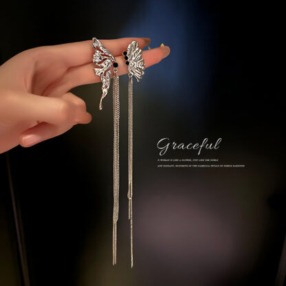 Купить 925 Silver Needle Korean Fashion New Asymmetric Diamond Butterfly Tassel Long Earrings Frosty Style Earrings