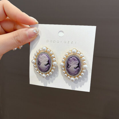 Купить 925 Silver Needle Fashion Exaggerated Purple Avatar Earrings Female European and American Retro Style Beauty Embossed Pearl Eardrop Earring