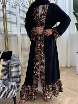 Купить Leopard Print Ruffles Muslim Abaya Dress Women Lace-up Open Abayas Moroccan Kaftan Dejellab Musulman Ensembles Islamic Clothing