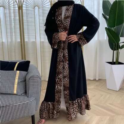 Купить Leopard Print Ruffles Muslim Abaya Dress Women Lace-up Open Abayas Moroccan Kaftan Dejellab Musulman Ensembles Islamic Clothing