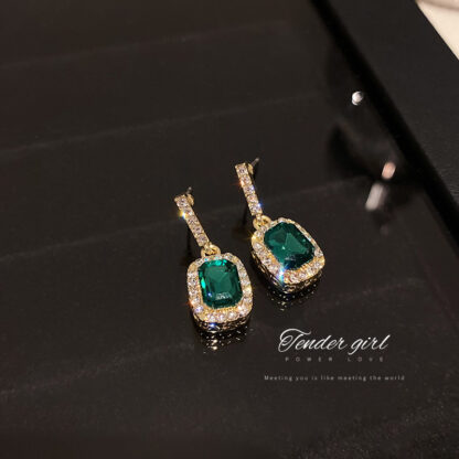 Купить 925 Silver Needle Korean Simple Green Gemstone Earrings Full Diamond Geometric Square Ear Studs Internet Celebrity Design Earrings Women