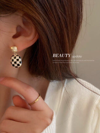 Купить Real Gold Plated 925 Silver Needle Black And White Plaid Lovely Bear Zircon Earrings Korean Stud Chessboard Plaid eardrop For Wome