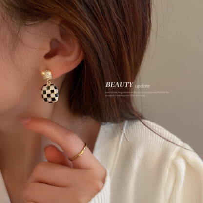 Купить Real Gold Plated 925 Silver Needle Black And White Plaid Lovely Bear Zircon Earrings Korean Stud Chessboard Plaid eardrop For Wome