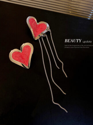 Купить 925 Silver Needle Asymmetric Pink Heart Chain Tassel Earrings Niche Design Stud Earrings Fashion Sweet Cool eardrop
