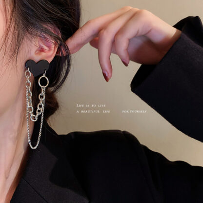 Купить 925 Silver Needle Black Heart Tassel Chain Earrings Peach Heart Niche Design Dark Wind Sweet Cool eardrop