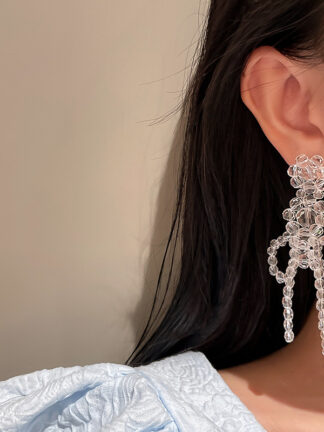 Купить 925 Silver Needle Crystal Pearl Woven Flower Earrings Exaggerated Long Tassel Earrings Korean Personalized Fashion eardrop
