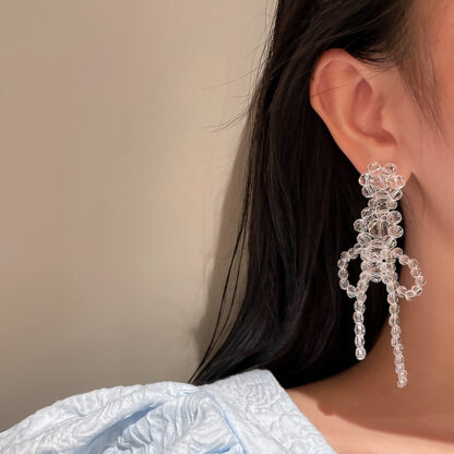 Купить 925 Silver Needle Crystal Pearl Woven Flower Earrings Exaggerated Long Tassel Earrings Korean Personalized Fashion eardrop