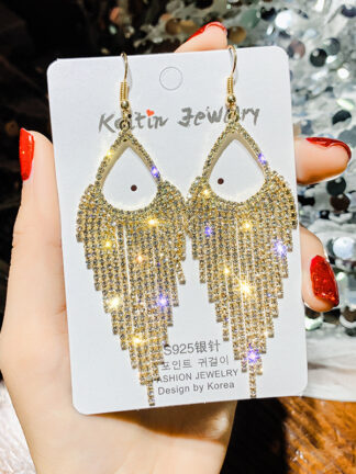 Купить Elegant Long Full Rhinestone Tassel Earrings Womens Korean Dongdaemun Earrings European and American High-Key Dignified Wholesale eardrop