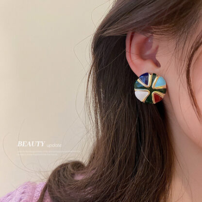 Купить Silver Needle Colorful Oil Necklace Geometric Earrings Korean Niche Design Fashion Earrings Retro Elegant and Simple eardrop