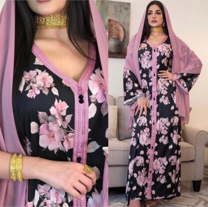 Купить Ramadan India Muslim Dress Women Eid Floral Print Abaya Duabi Arabic Vestidos Moroccon Kaftan Islamic Clothing Gown Robe 2021