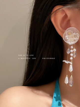 Купить 925 Silver Needle Organza Fabric Crystal Flower Earrings Korean Long Tassel Super Fairy Earrings Fashion eardrop for Women